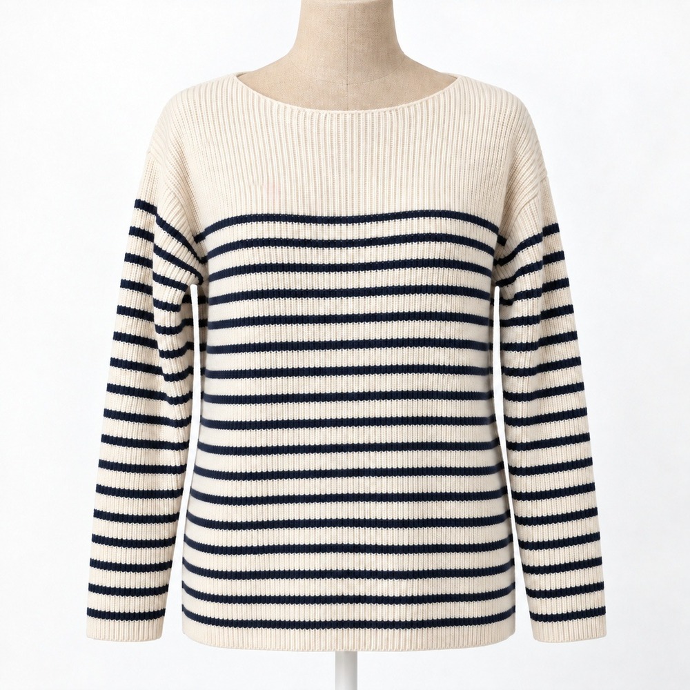 GAP Womens Merino Wool Striped Boatneck Sweater Size S Cream Navy Ribbed Preppy